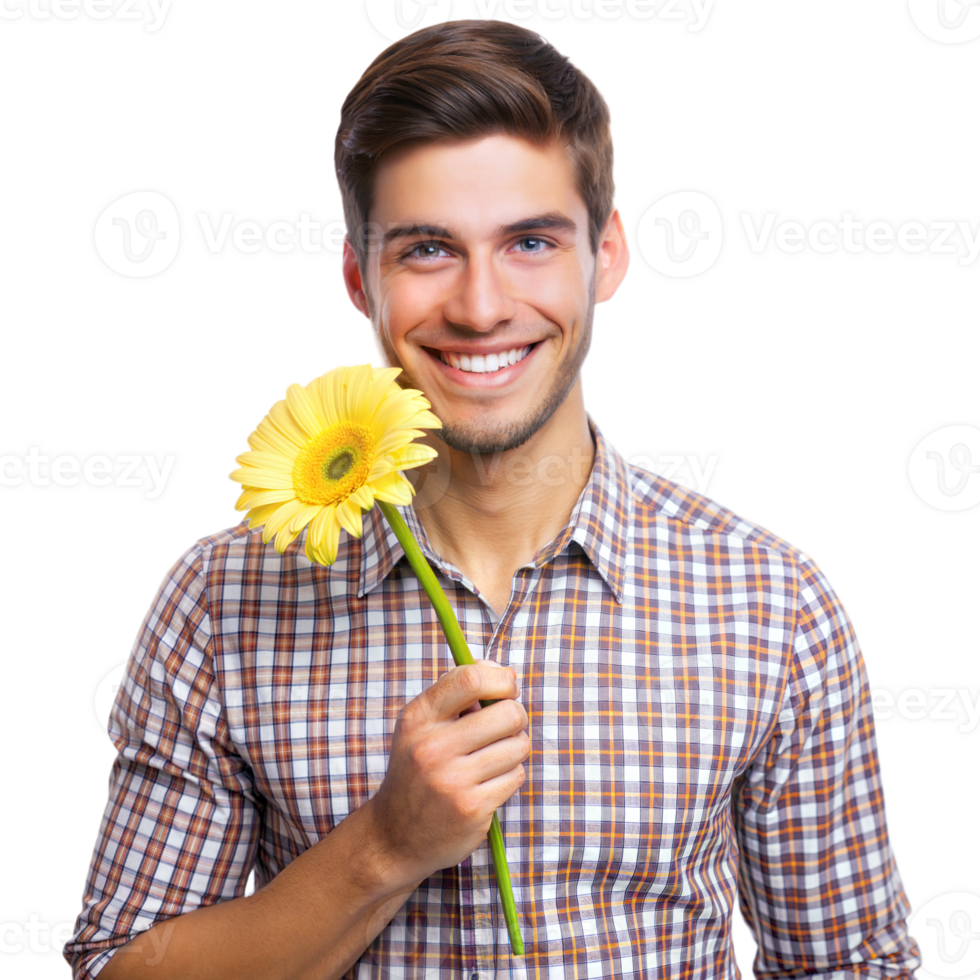 Man in plaid shirt holding a sunflower, smiling warmly against a transparent background png