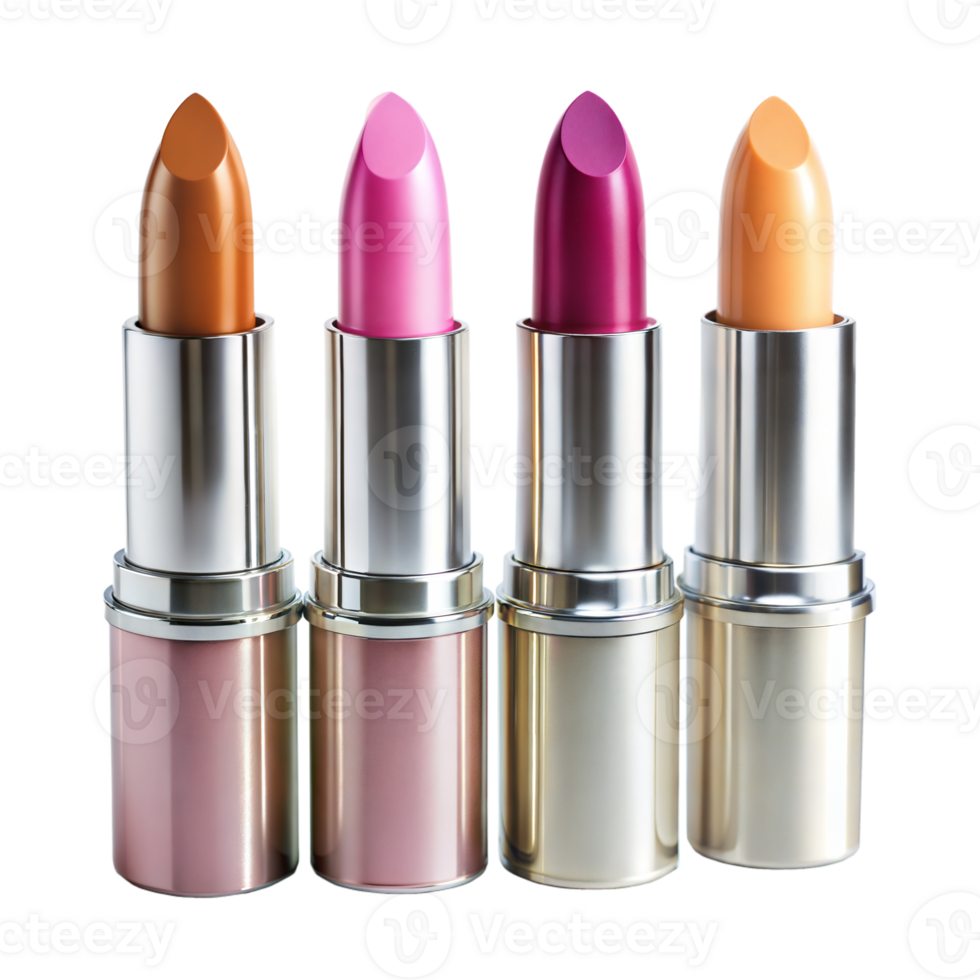 Four lipsticks in varied shades neatly arranged in a vertical line on a transparent background png