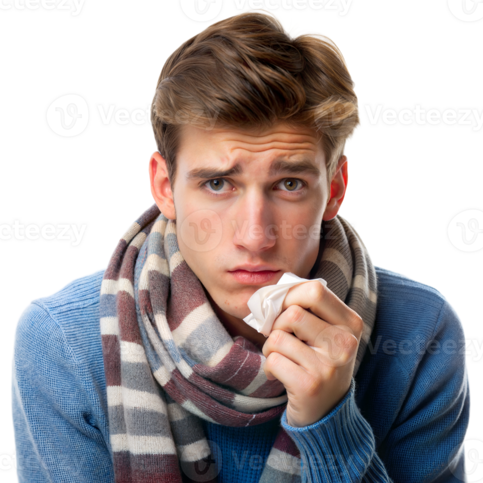Man in a scarf and sweater holds a tissue, looking sick and concerned, displaying symptoms of a cold png