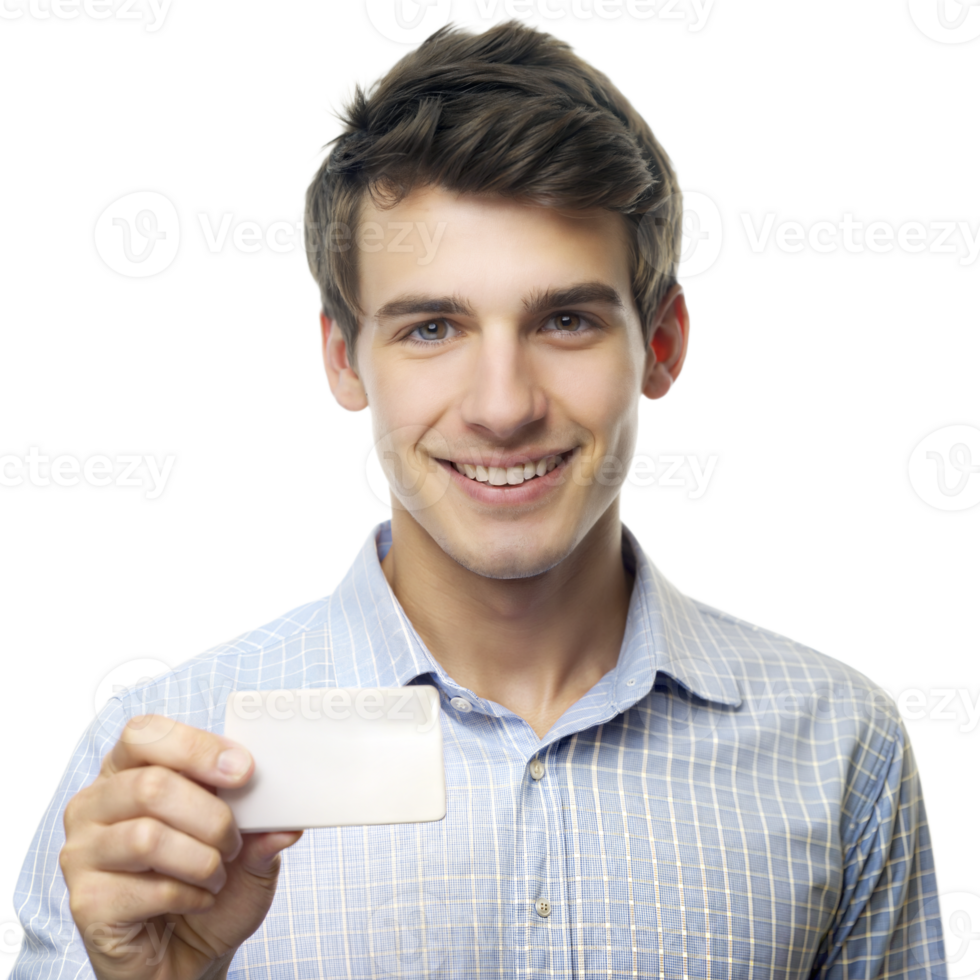 Smiling young man in blue shirt holding a blank white card png