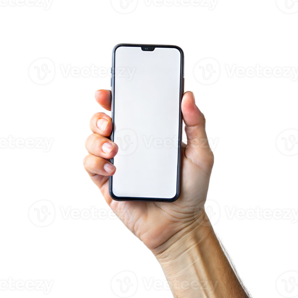 A hand holding a modern smartphone with a blank screen png
