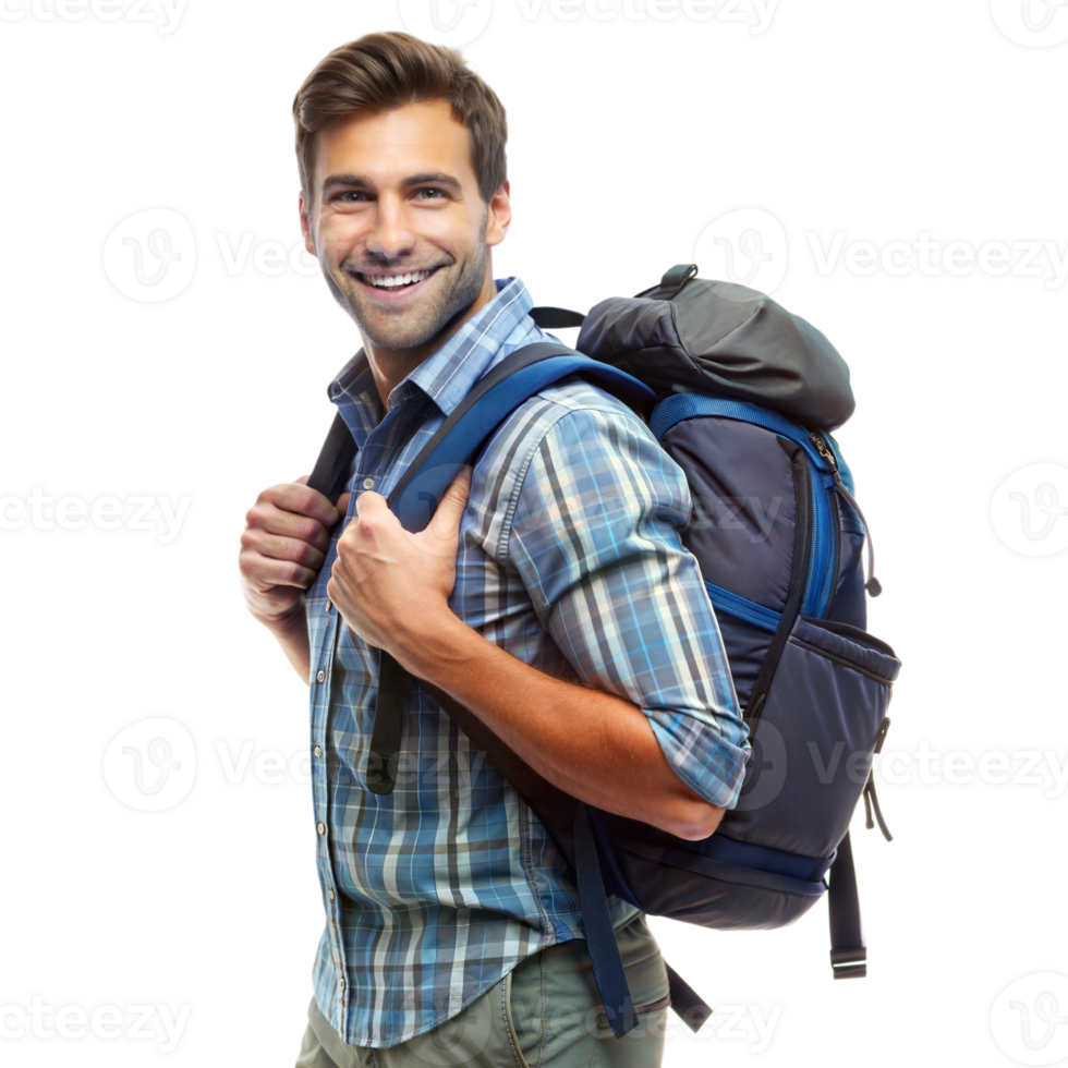 Smiling young man carrying a large hiking backpack, ready for an outdoor adventure, wearing a blue plaid shirt png