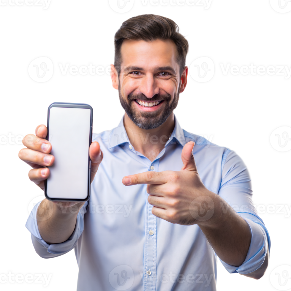 A cheerful man in a blue shirt points to his blank smartphone screen, with a transparent background png