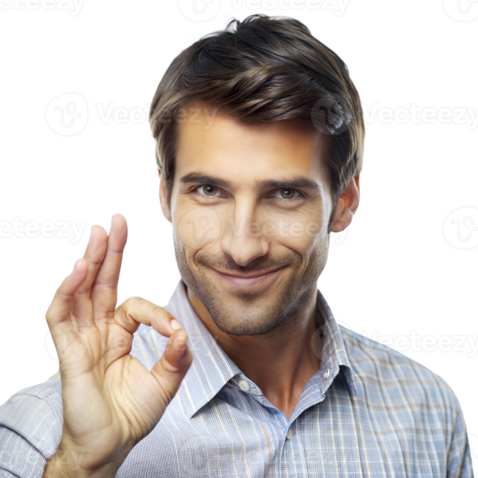 A smiling man in a checkered shirt makes an OK gesture against a transparent background png
