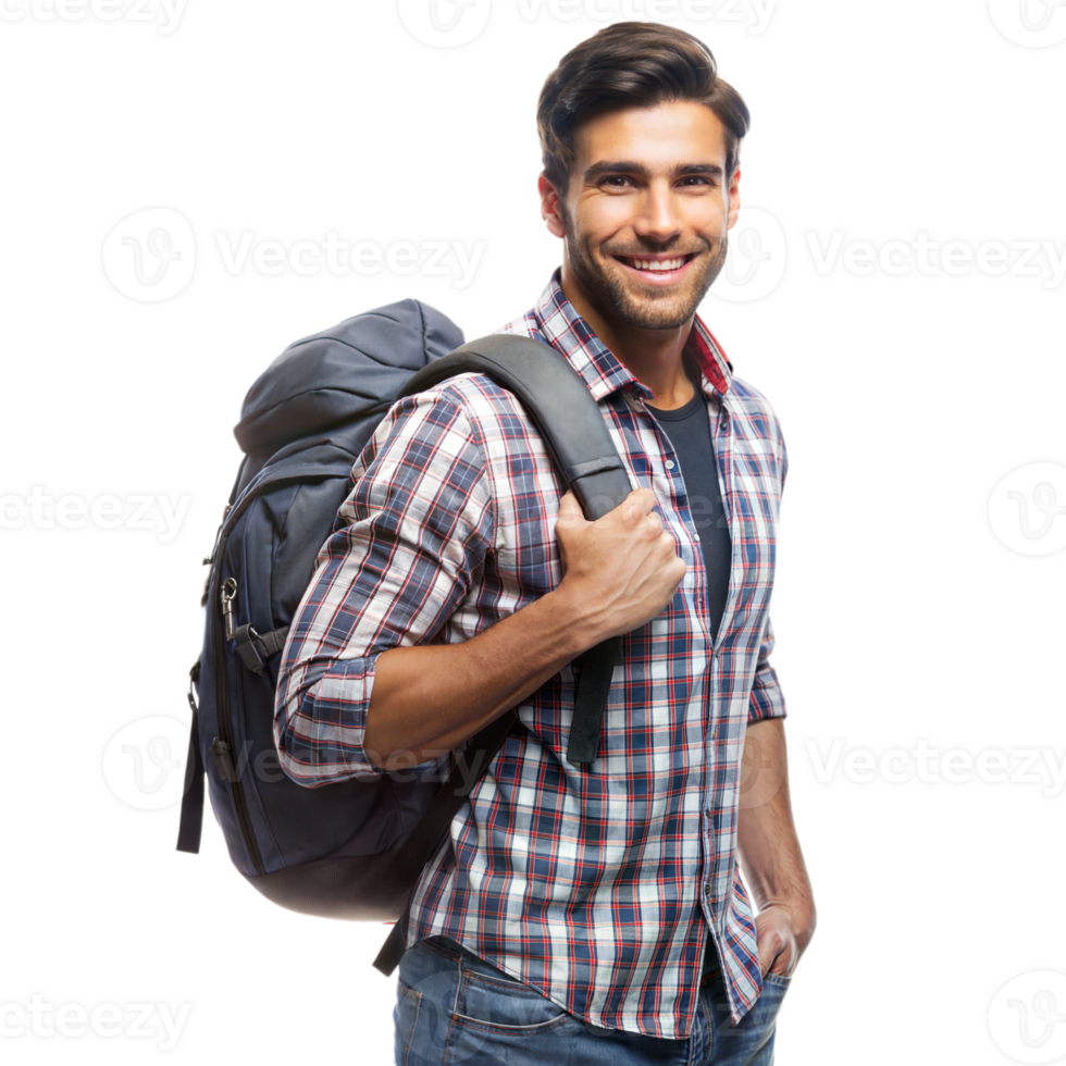 A man with a backpack smiles at the camera, wearing a plaid shirt and jeans png