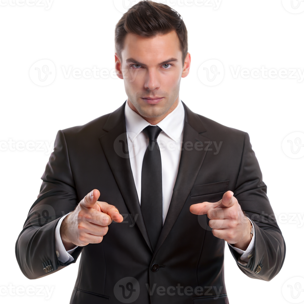 A well-dressed man in a black suit and tie confidently points forward with both hands png