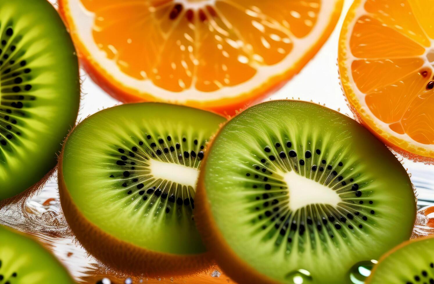 slices of juicy lemon and orange, kiwi in water, bubbles, delicious wallpaper photo