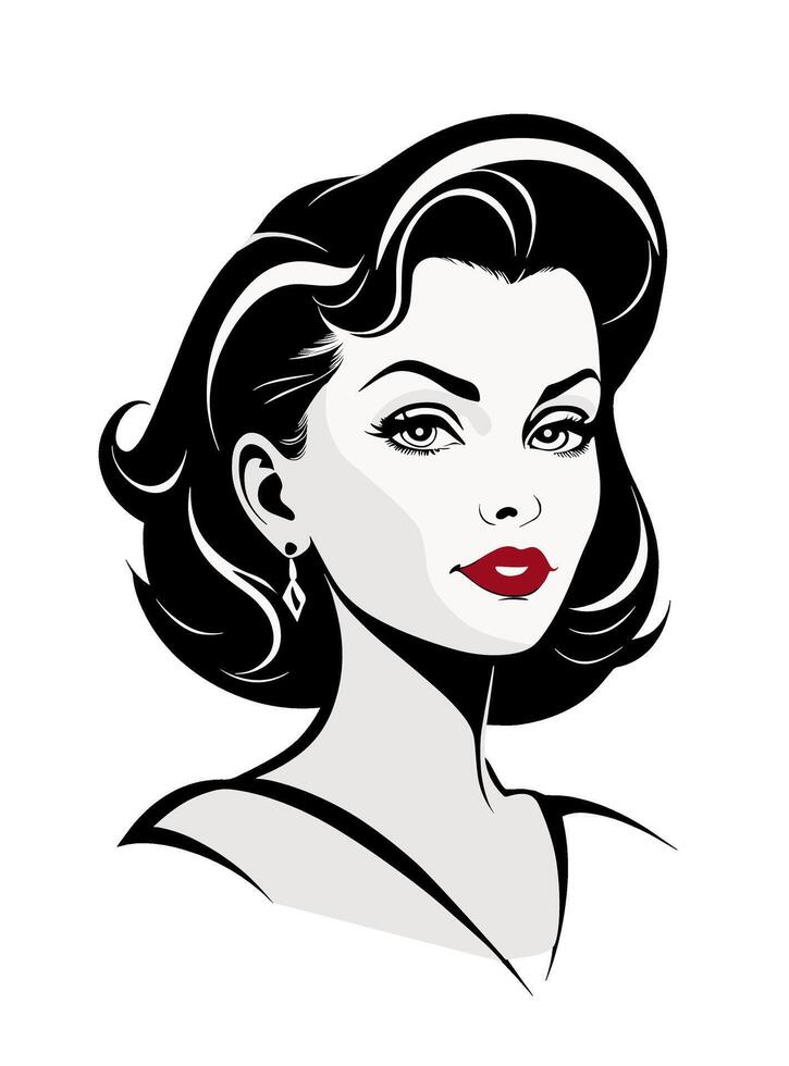 Woman with red lips, simple bob haircut and hair brushed away from the face, medium length, hairstyle 40s. vector