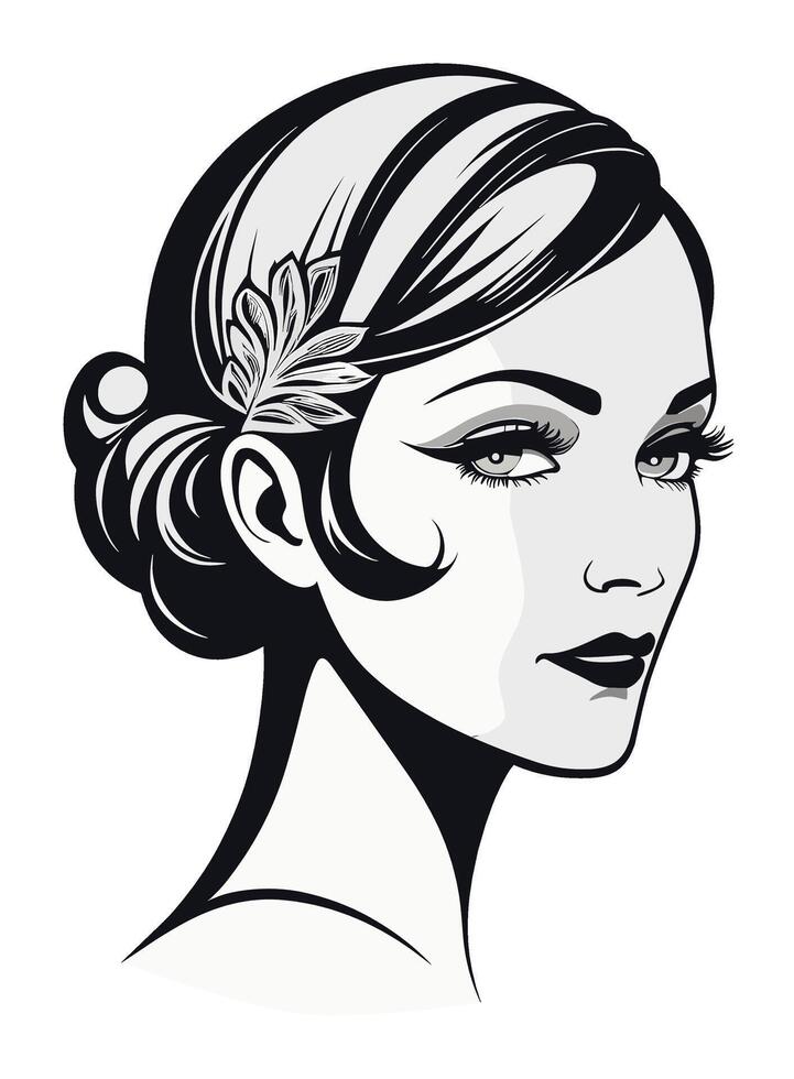 Gatsby glitz detailed side part updo hair with flowery accessory hairstyle 1920s vector