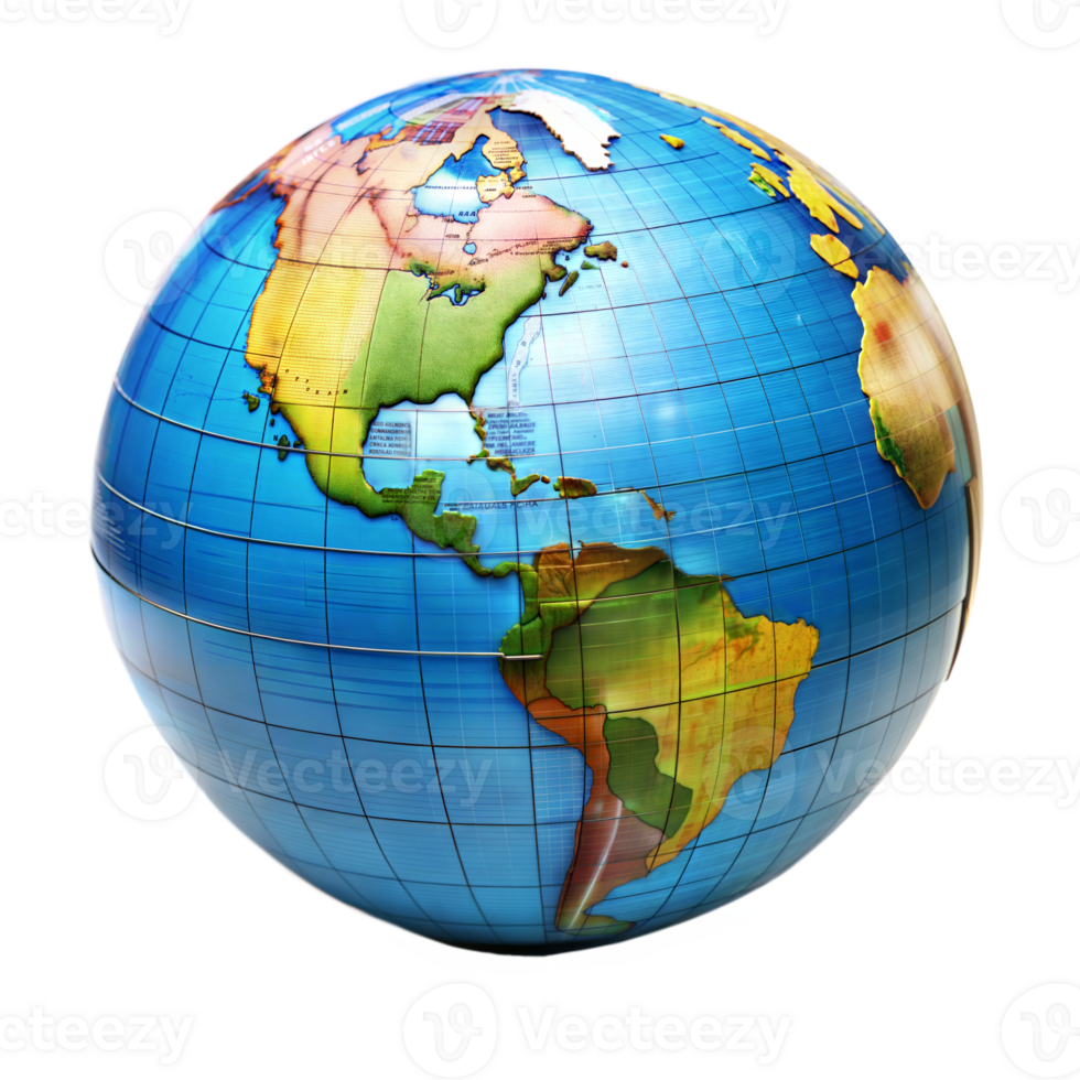A vibrant globe features continents and oceans, highlighting the Americas prominently png