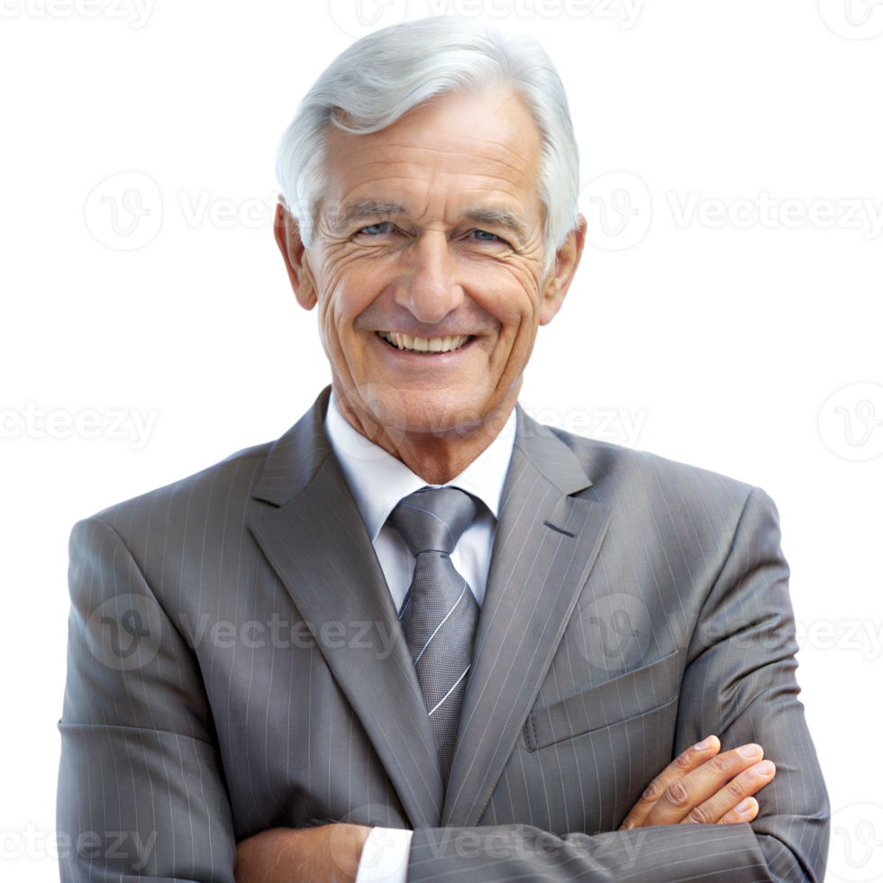 Senior man wearing a gray suit with a confident smile on a transparent background, arms crossed, and looking directly ahead png