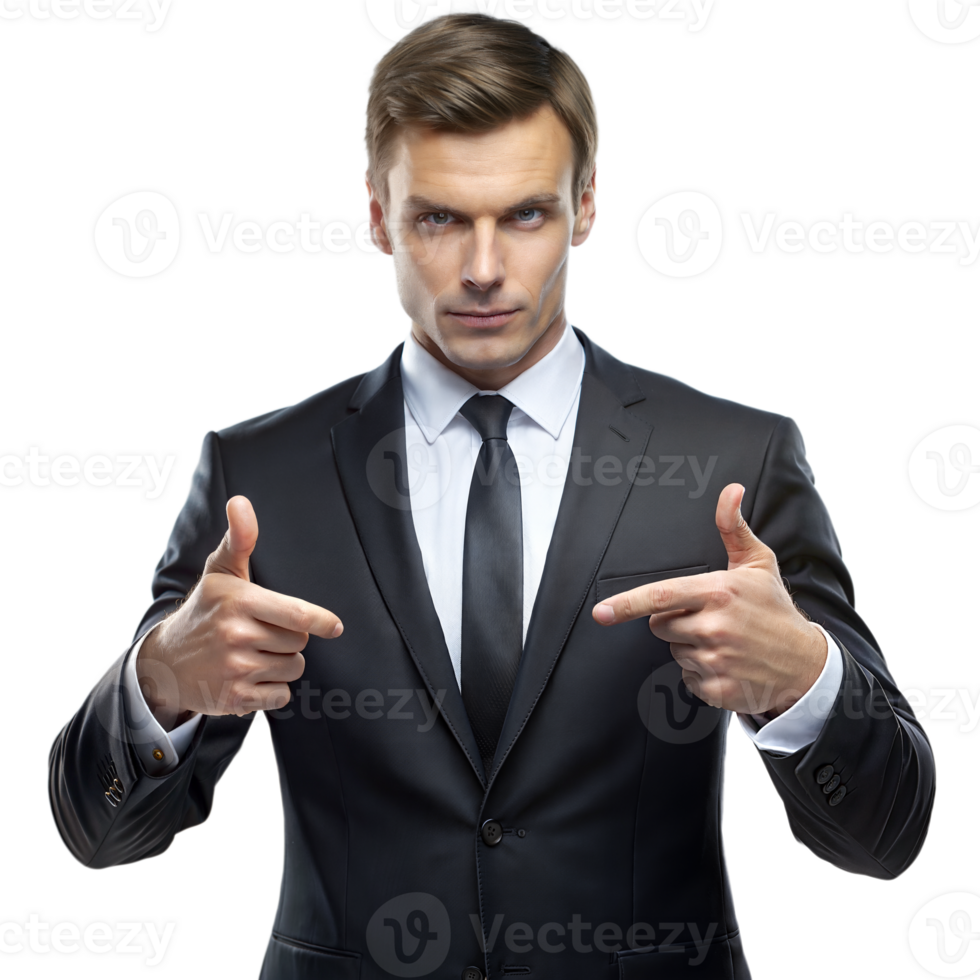 A confident businessman in a formal suit points forward with a determined expression against a transparent backdrop png