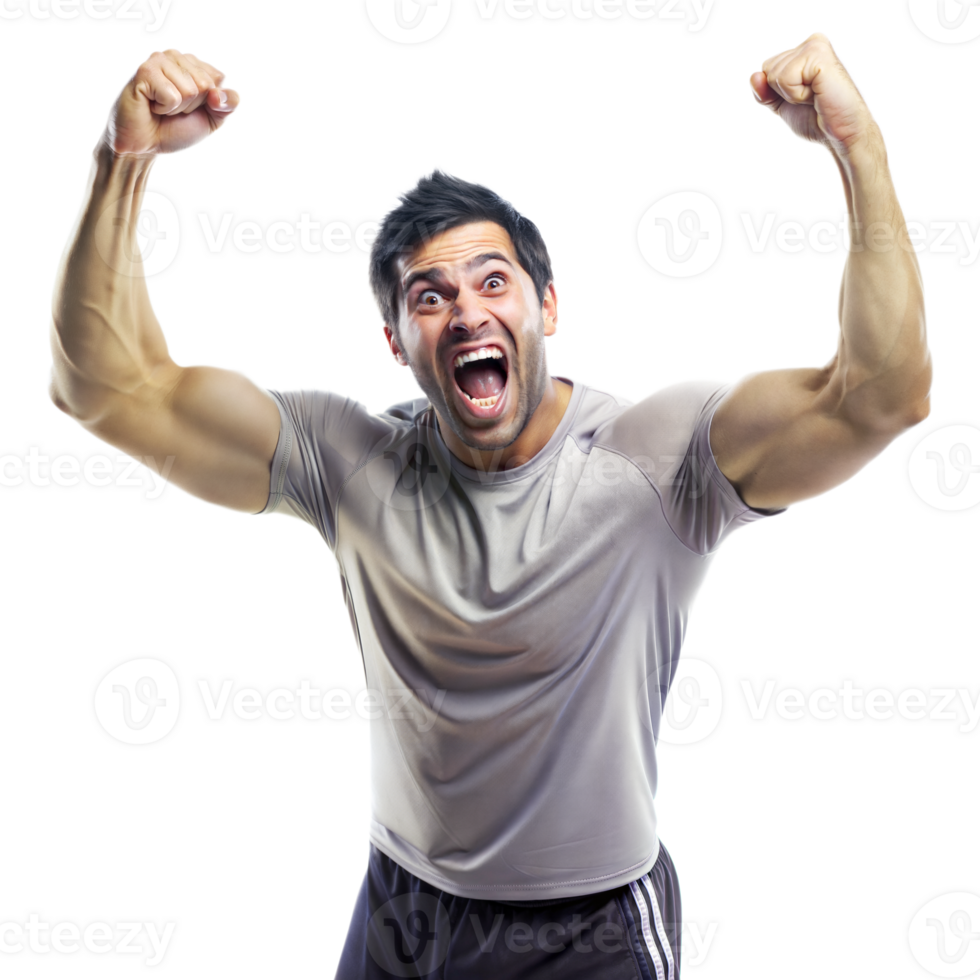 Joyous male sportsman raises his arms in victory on a transparent background png