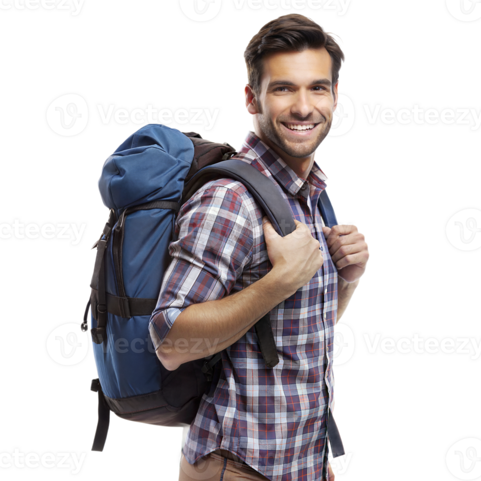 Backpacker smiling over shoulder png