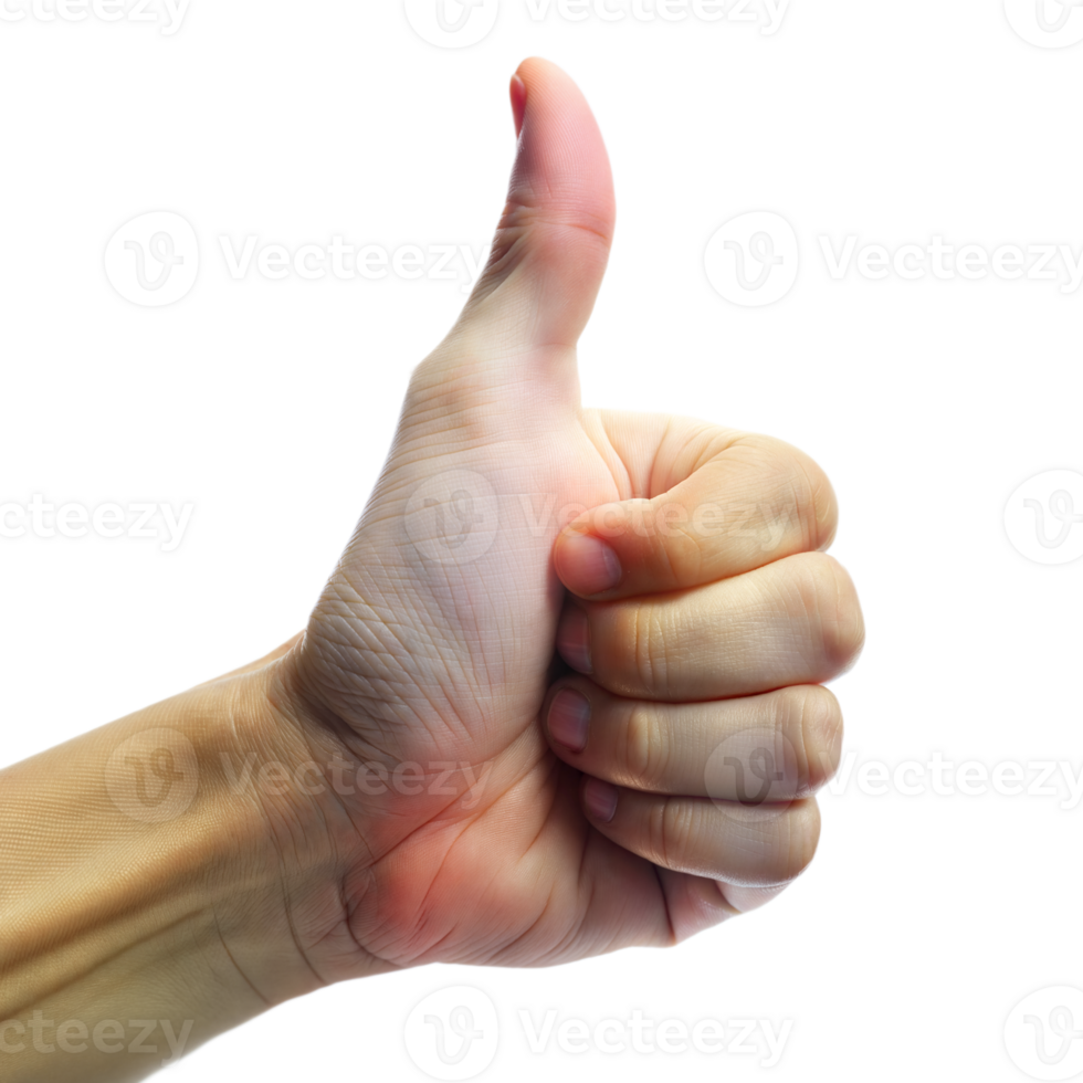 A close-up of a hand showing a thumbs up gesture on a transparent background png