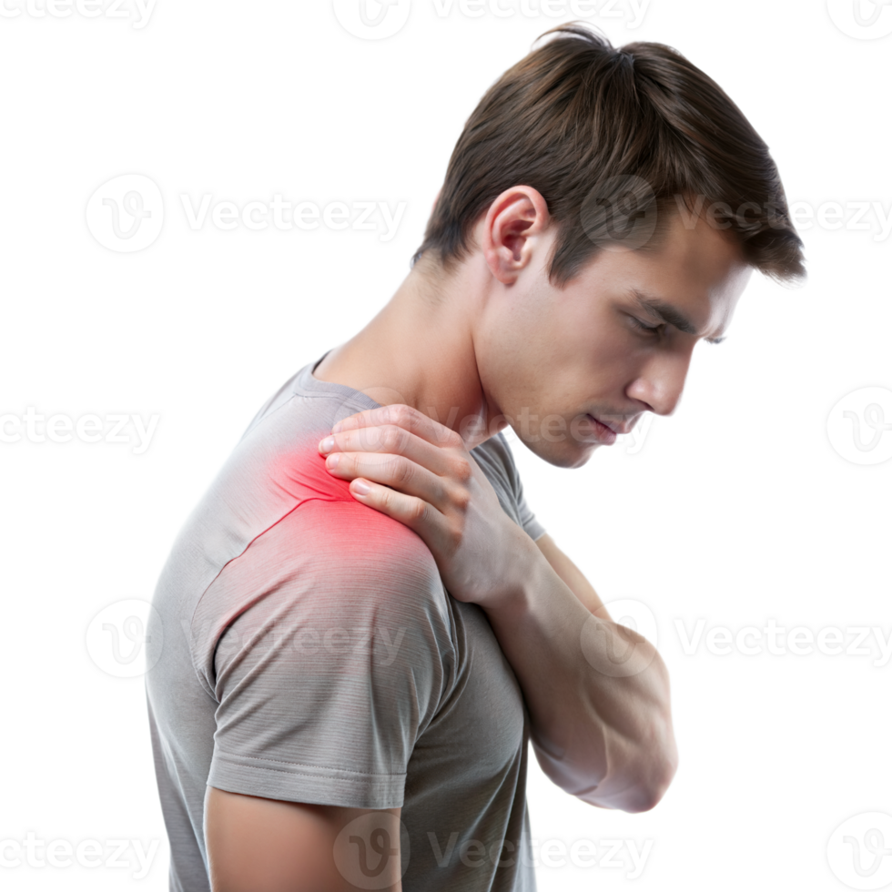 Young man with shoulder pain on transparent background png
