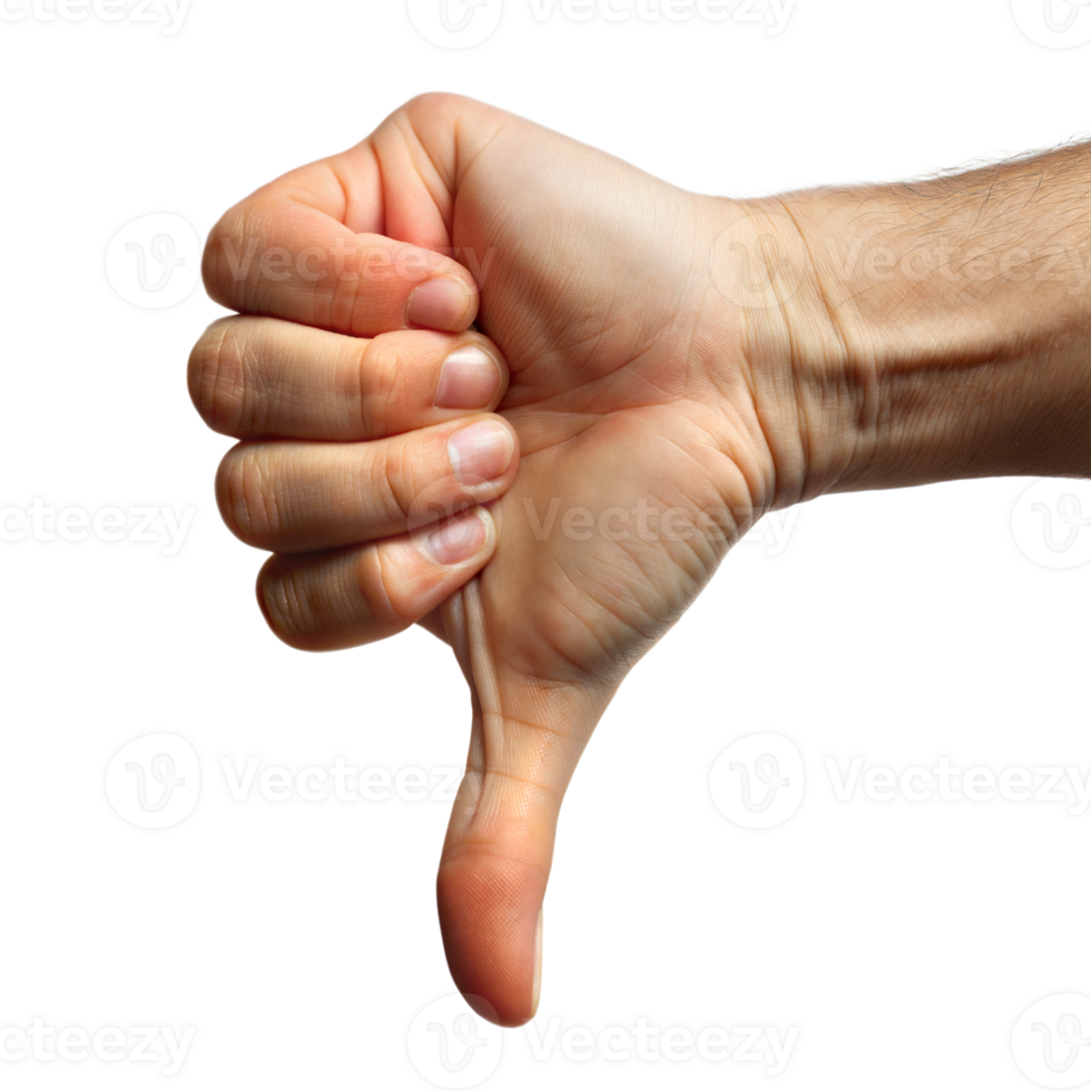 Close-up of a hand showing thumbs down sign, isolated on a transparent background png