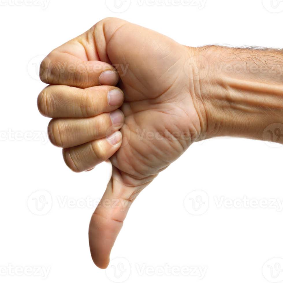 A close-up view of a hand showing a thumbs-down gesture with a transparent background png