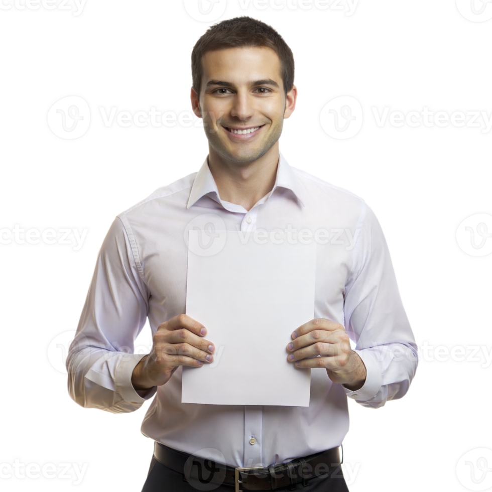 Smiling businessman holding blank paper png