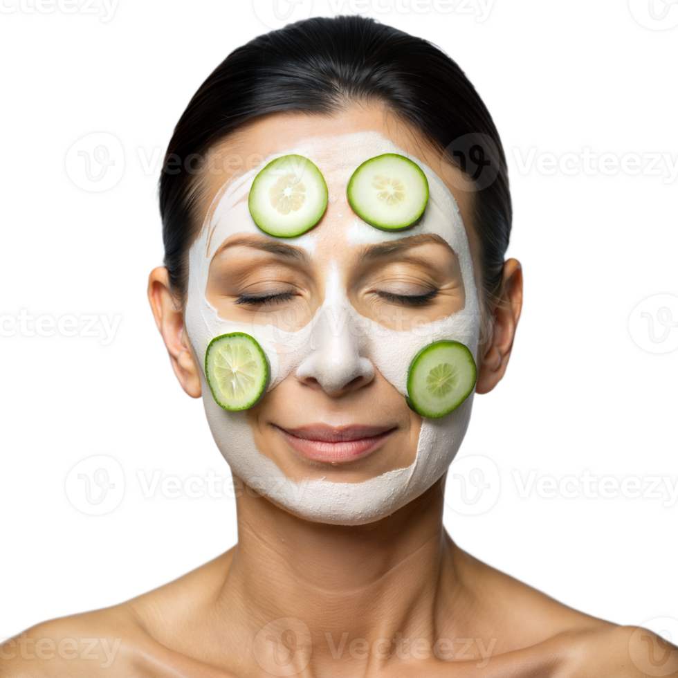 A serene woman with eyes closed, applying a cucumber and cream face mask at a spa png