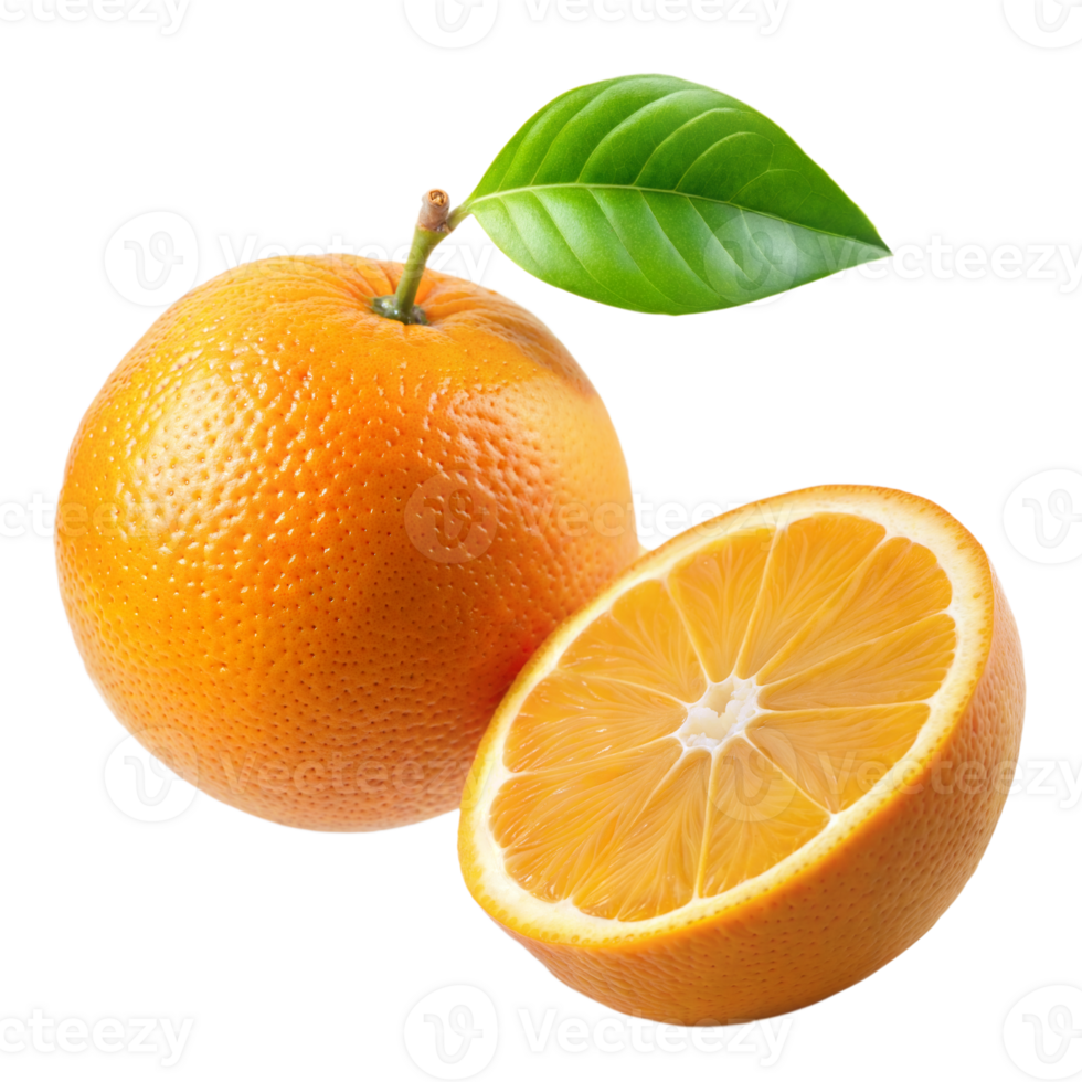 A vibrant orange and half-sliced citrus fruit with visible textures and leaves on a transparent backdrop png