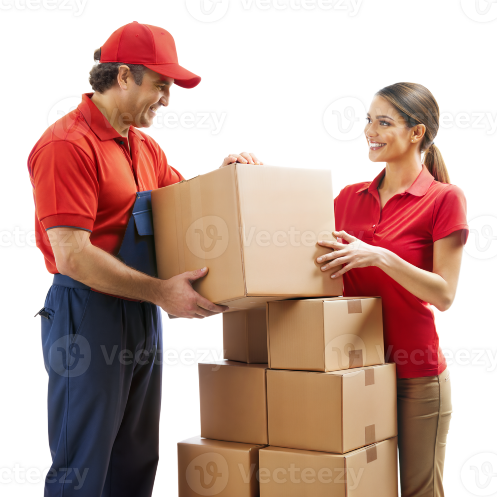 Two delivery workers in red uniforms stacking cardboard boxes indoors, smiling and collaborating png