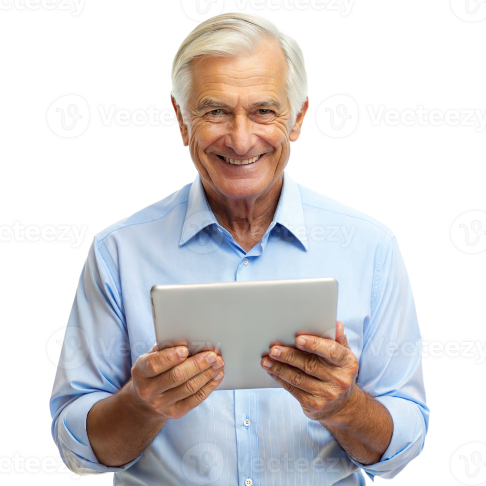 Cheerful senior man with digital tablet png