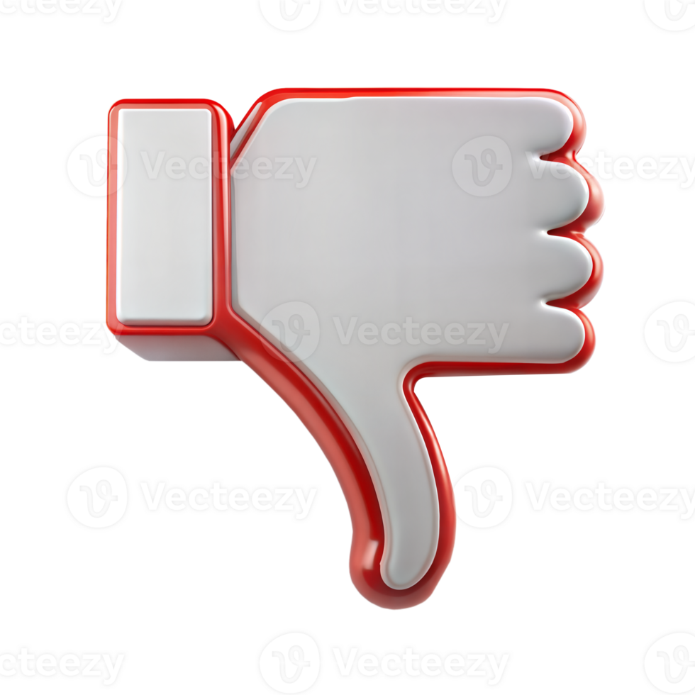 Red and white thumbs down icon designed with 3D effect and transparent background for high-quality use png