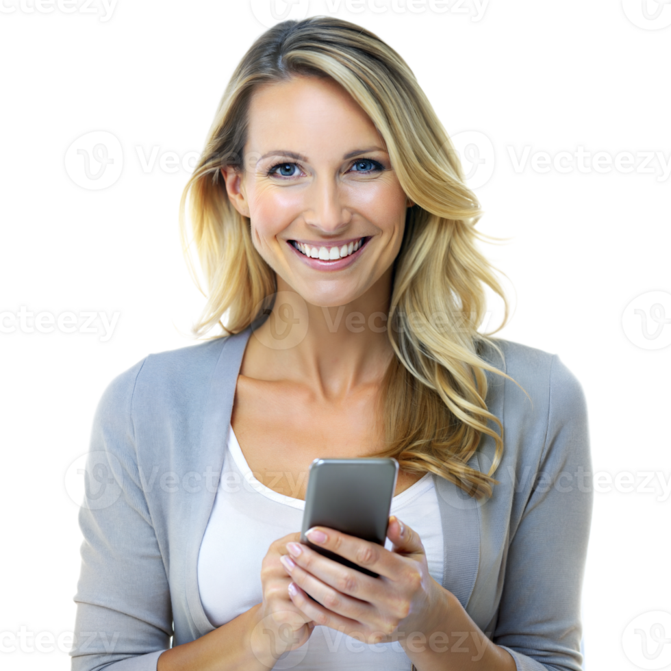 A cheerful woman holds a smartphone, smiling brightly with a transparent background png