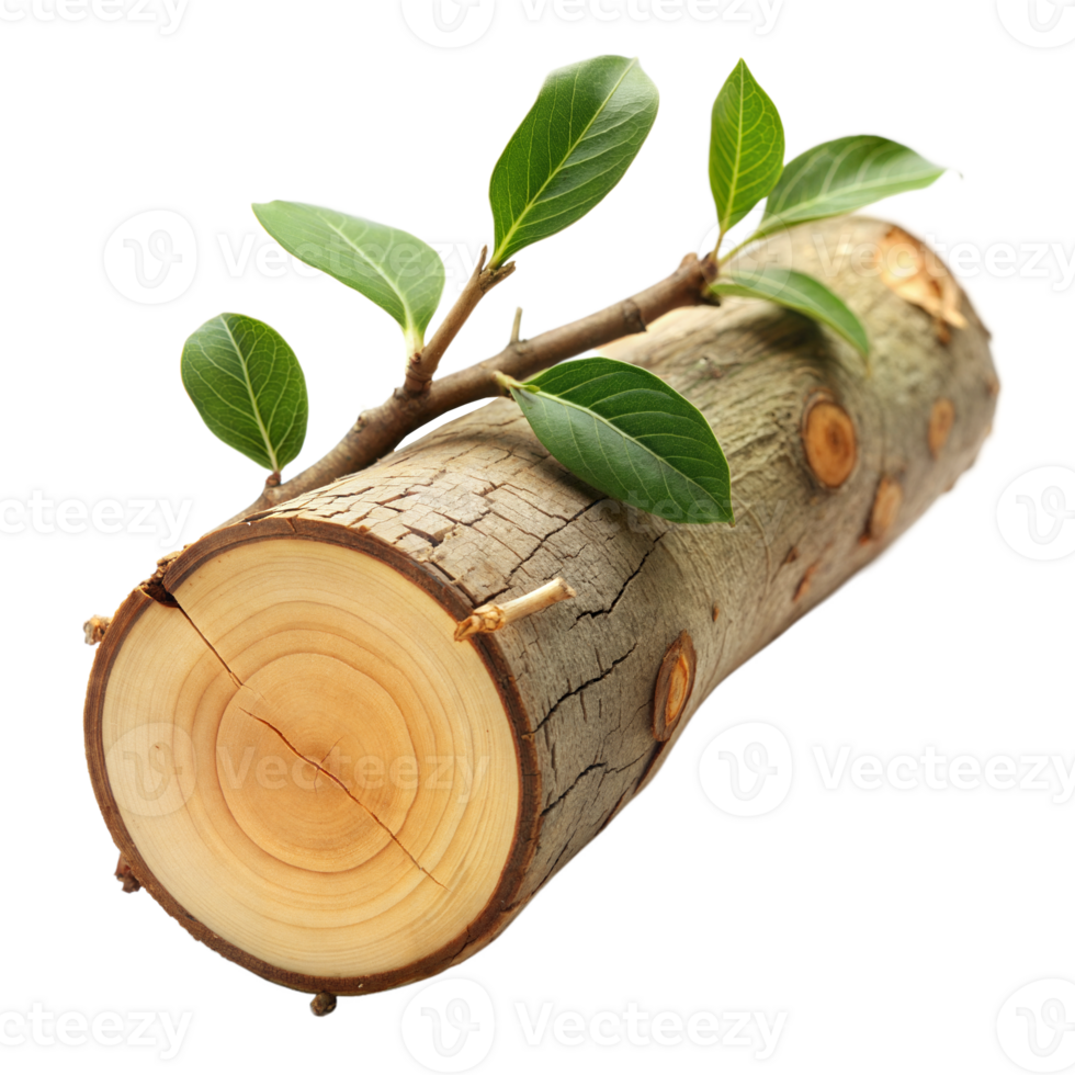 A wooden log with fresh green leaves attached sits against a transparent background png