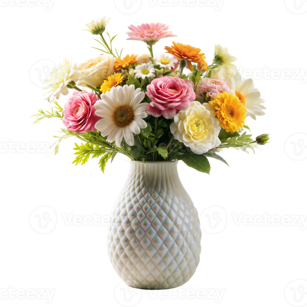 A vibrant bouquet of mixed spring flowers arranged in an elegant white vase png
