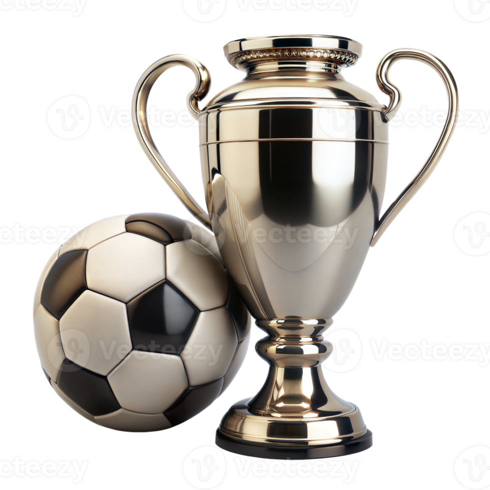 Silver trophy cup next to a soccer ball, isolated on a transparent background png