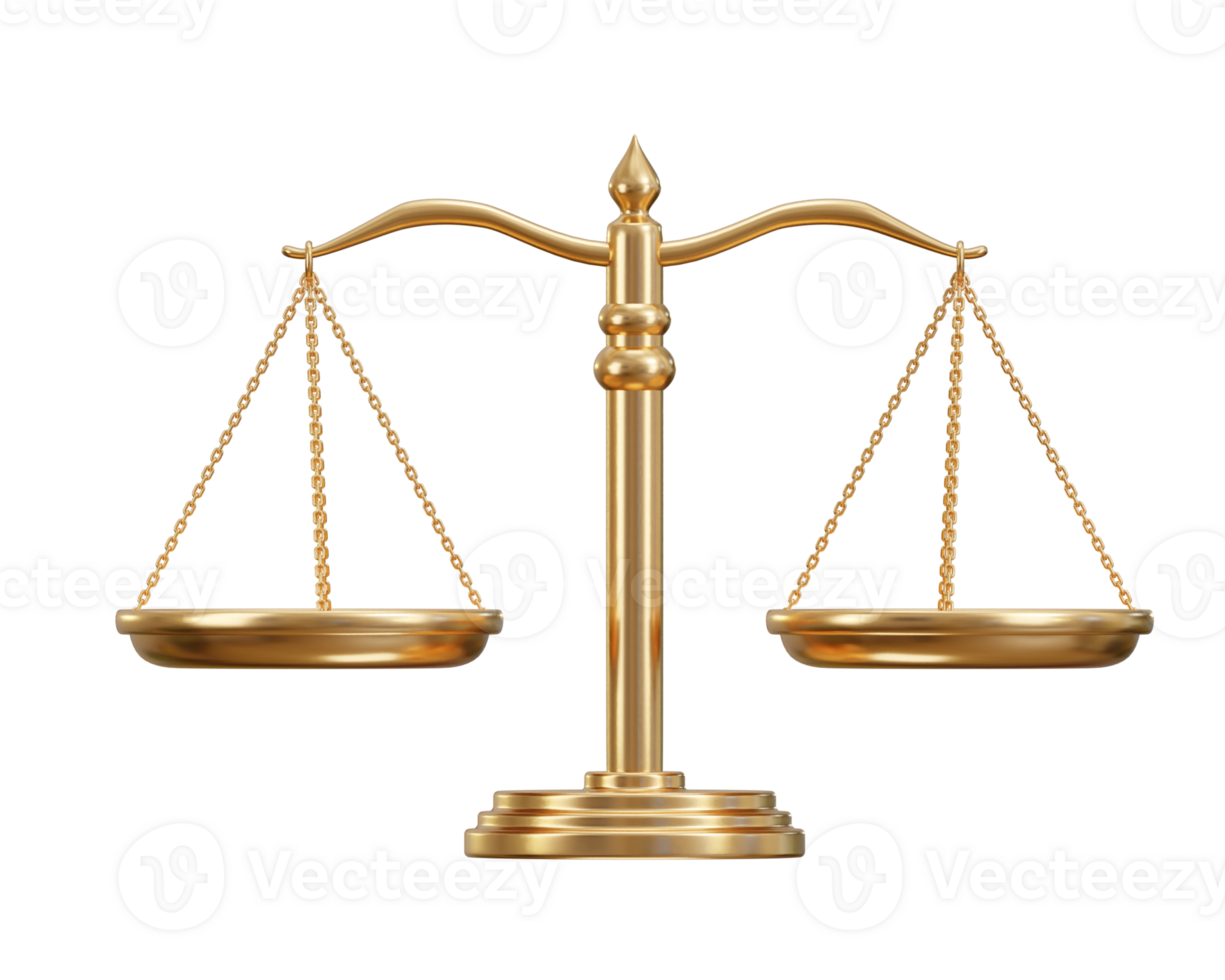 Golden Scales of justice, Balance and justice, concept of law icon 3d rendering illustration png