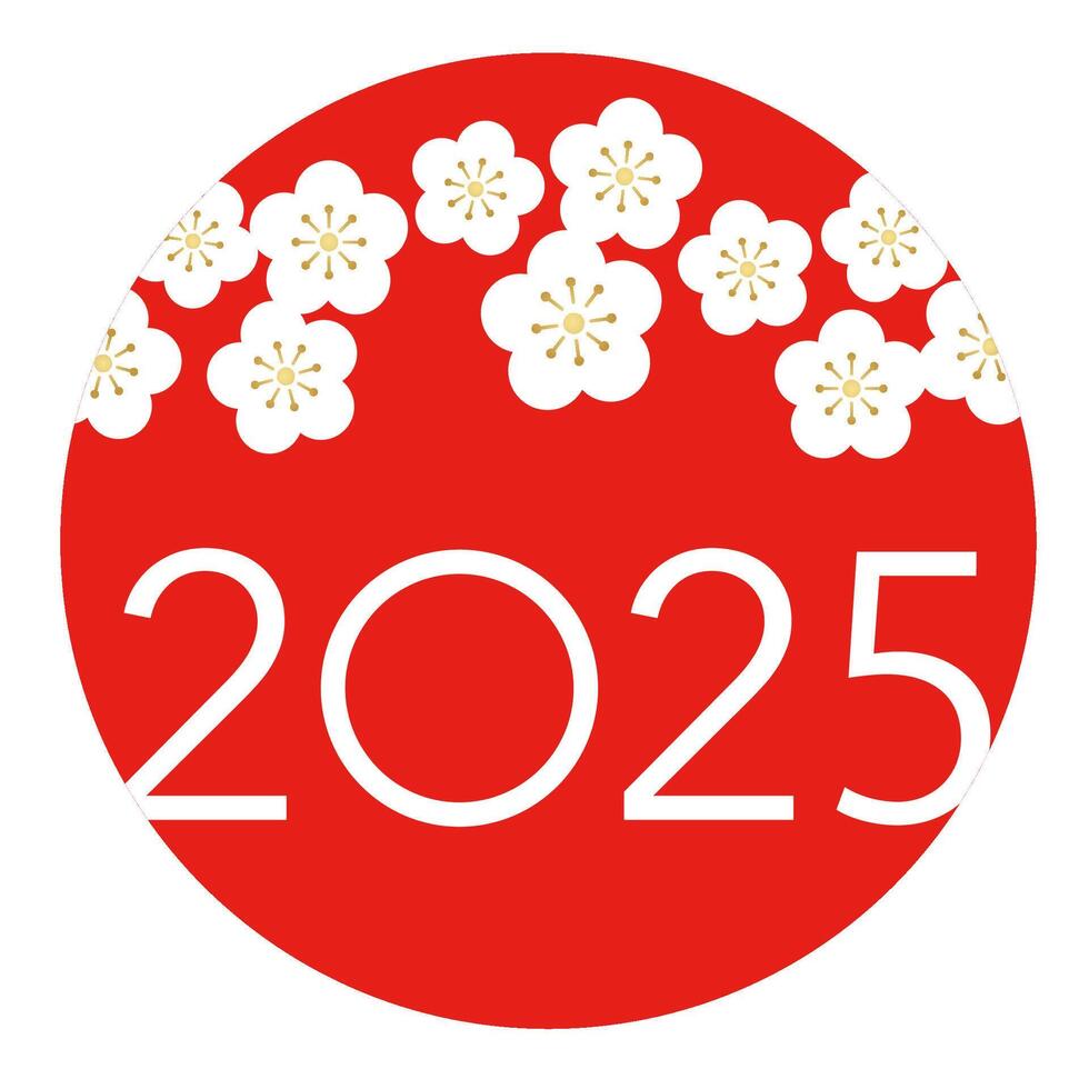 The Year 2025 New Years Greeting Symbol With The Red Sun And White Cherry Blossoms Isolated On A White Background. vector