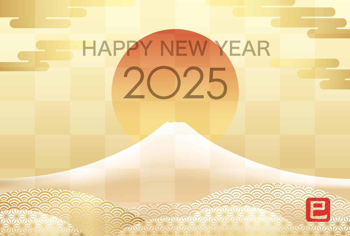 2025, The Year Of The Snake, Greeting Card Template With Snow-Covered Mt. Fuji Decorated With Japanese Vintage Patterns. Kanji Translation - The Snake. vector