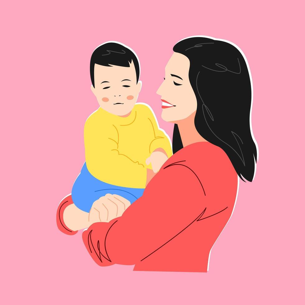Mother holding her baby. Editable stroke. Flat illustration. vector