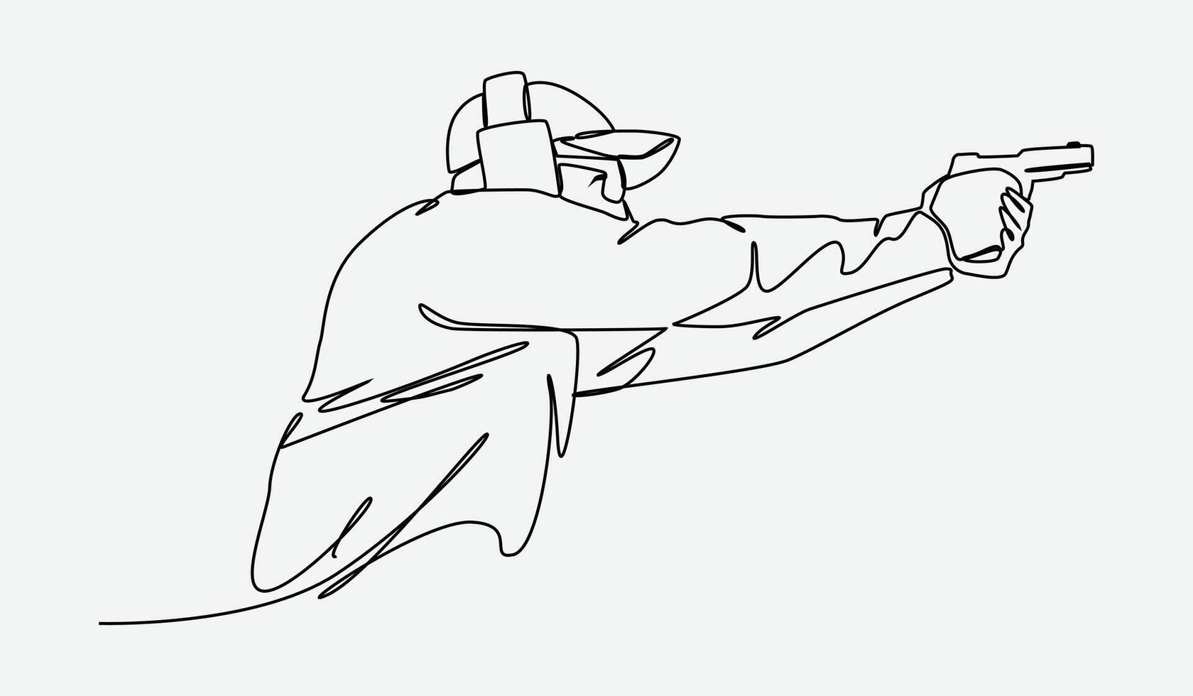 Continuous one line drawing of man holding a gun and firing a shot. Adult men wear hats and earmuffs. shooting practice, competition, sports, shooting club. editable stroke. graphic illustration. vector