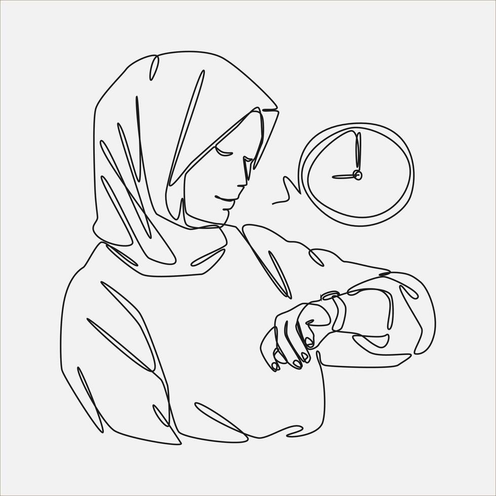 continuous line drawing of a muslim woman looking at a watch. editable stroke. graphic illustration. vector