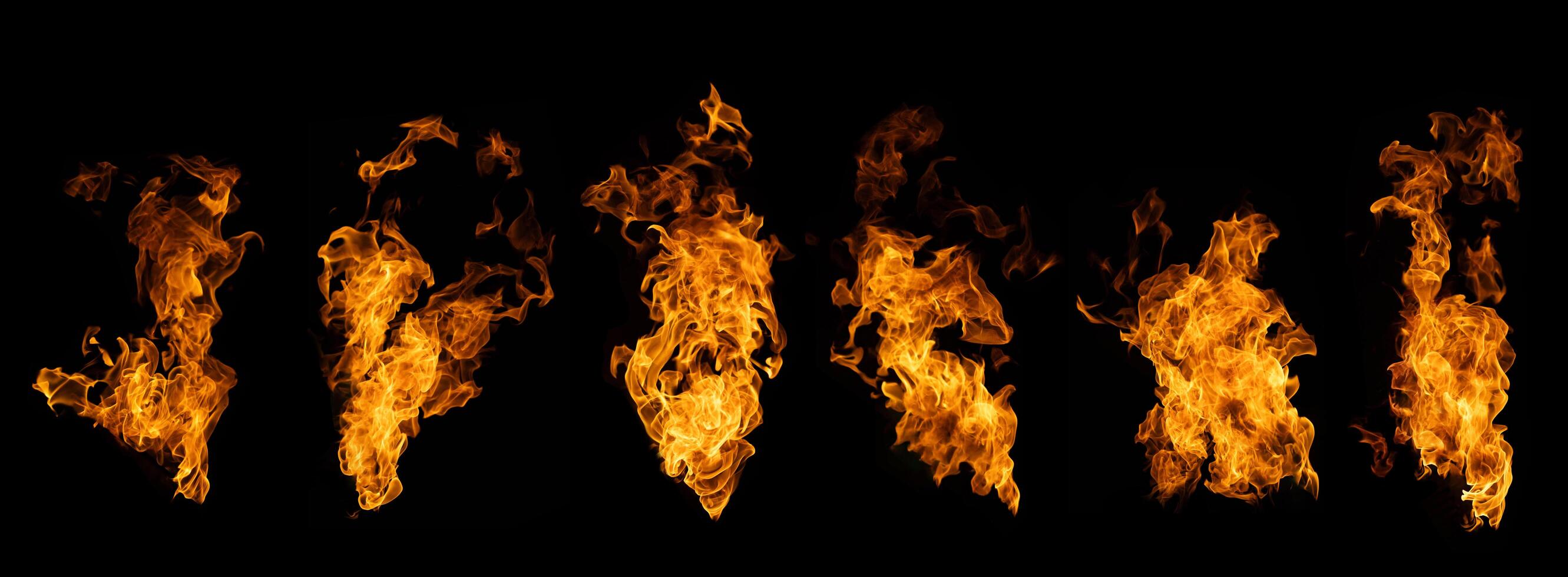 The set of fire and burning flame isolated on dark background for graphic design photo
