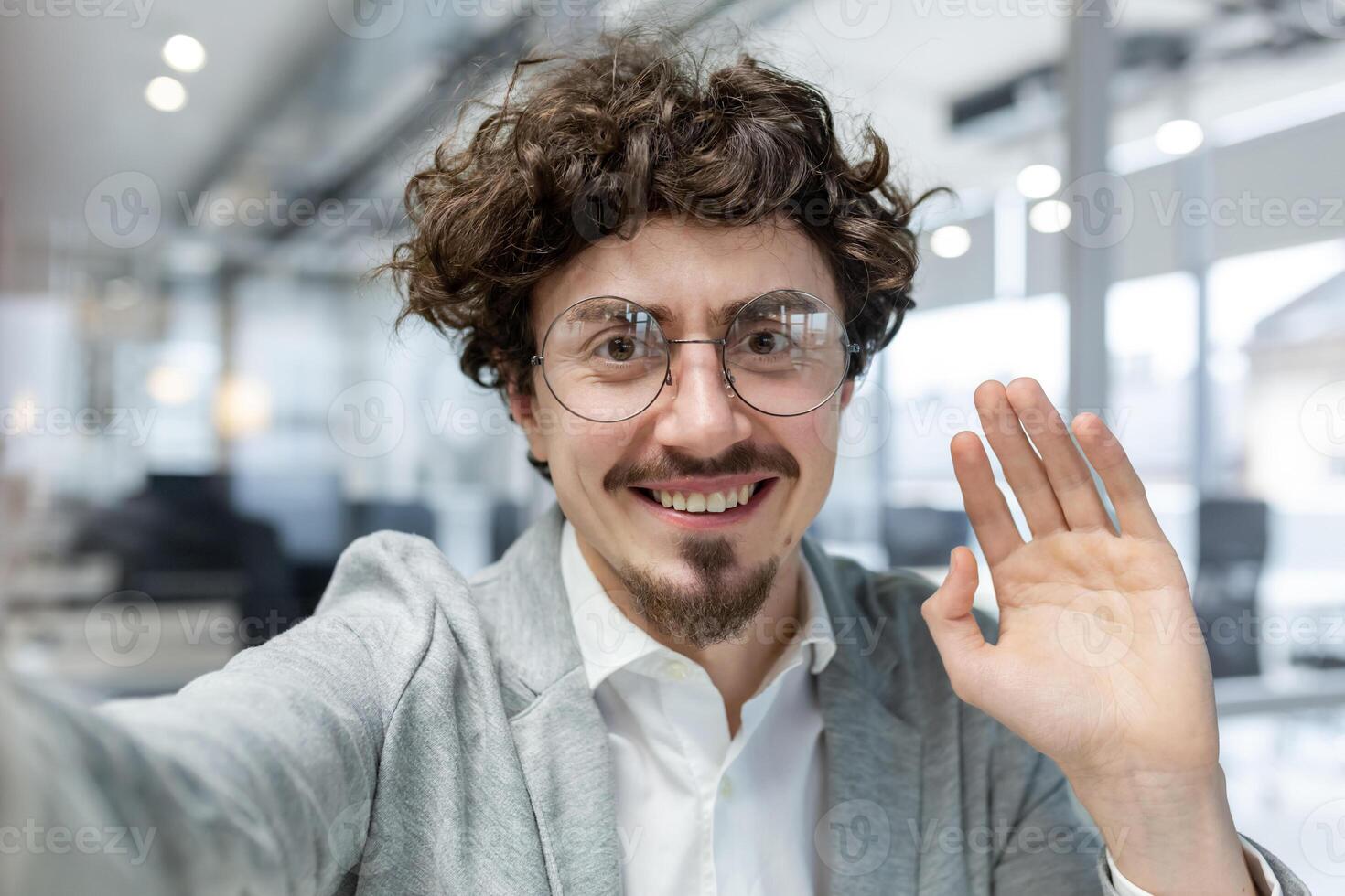 call successful and happy mature boss talking to friends remotely, businessman working inside modern office using smartphone to communicate, online friends conversation. photo