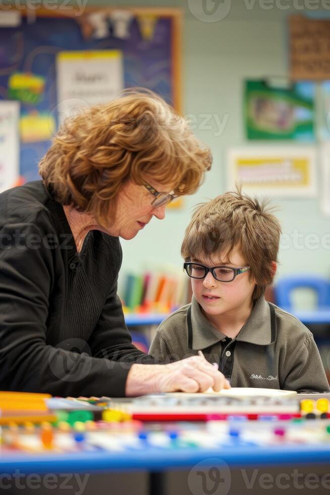 A photo capturing a teacher assisting a student with visual impairments using braille textbooks and tactile learning materials in a classroom, showcasing educational accommodations for accessibility.