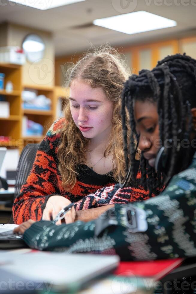 A focused image of a student using a speech-to-text device to complete an assignment, with a supportive teacher nearby, demonstrating accommodations for students with communication disabilities. photo