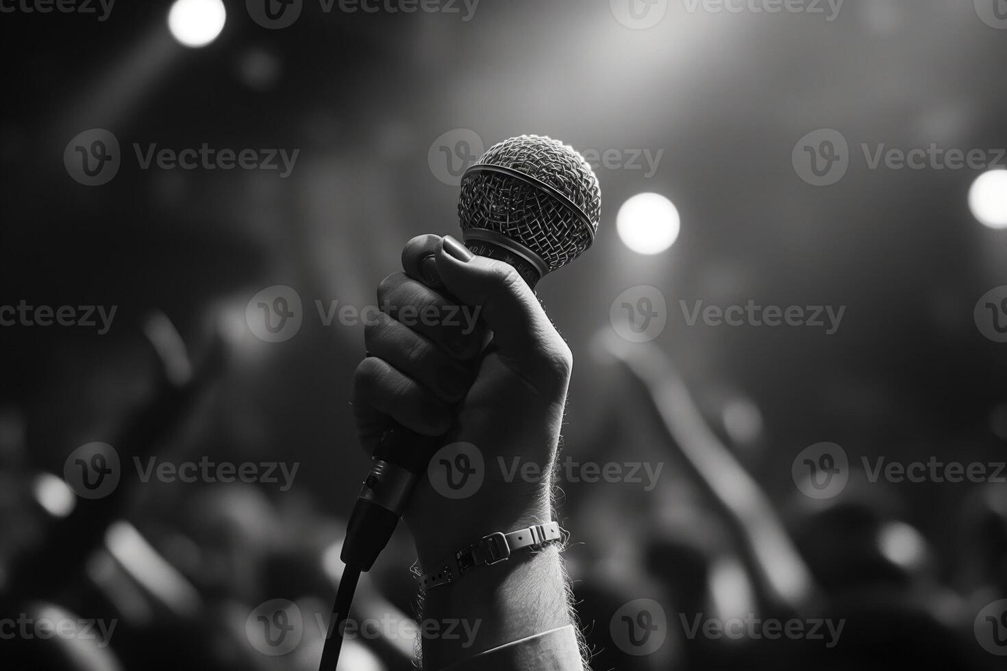 The energy and excitement of a live performance, with a hand holding up a microphone poised to capture the artist's voice photo