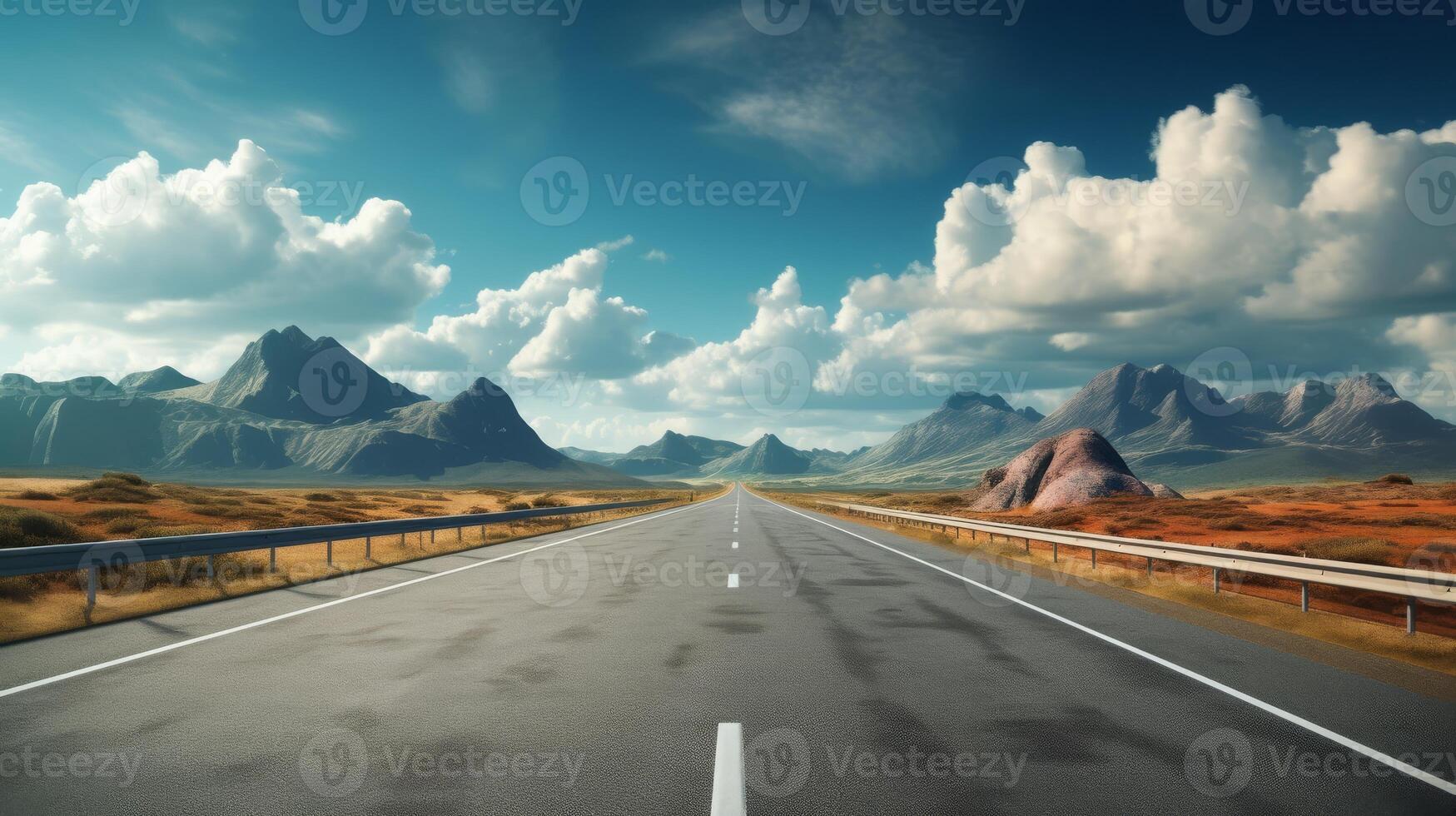 Highway landscape at colorful sunset in summer. Mountain road landscape at dusk. Beautiful nature scenery in green mountains. Travel landscape for summer vacation on highway. High quality photo
