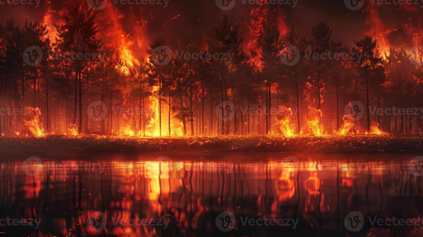 Night fire in the forest with fire and smoke.Epic aerial photo of a smoking wild flame.A blazing,glowing fire at night.Forest fires.Dry grass is burning. climate change,ecology.Line fire in the dark