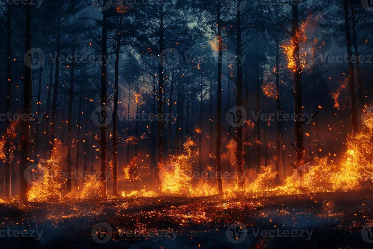 Night fire in the forest with fire and smoke.Epic aerial photo of a smoking wild flame.A blazing,glowing fire at night.Forest fires.Dry grass is burning. climate change,ecology.Line fire in the dark