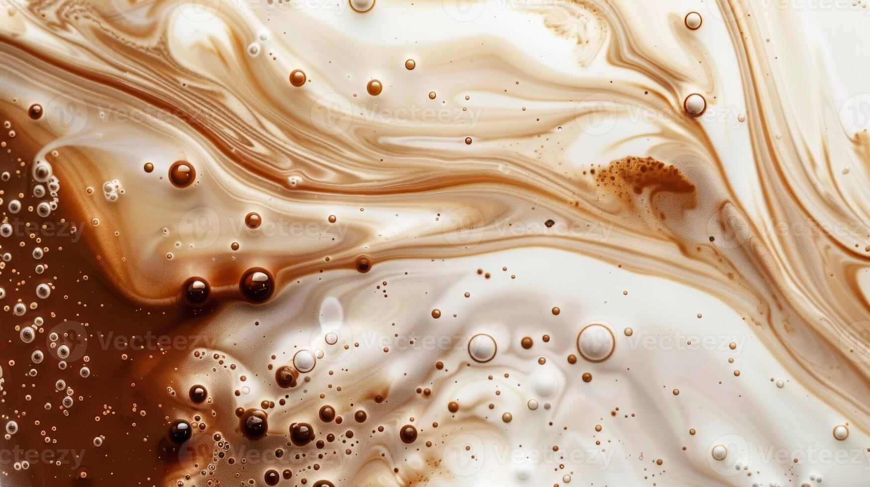Close up abstract brown caramel shapes latte art in coffee. Liquid texture coffee background macro. Cappuccino and milk foam close up view. High quality photo