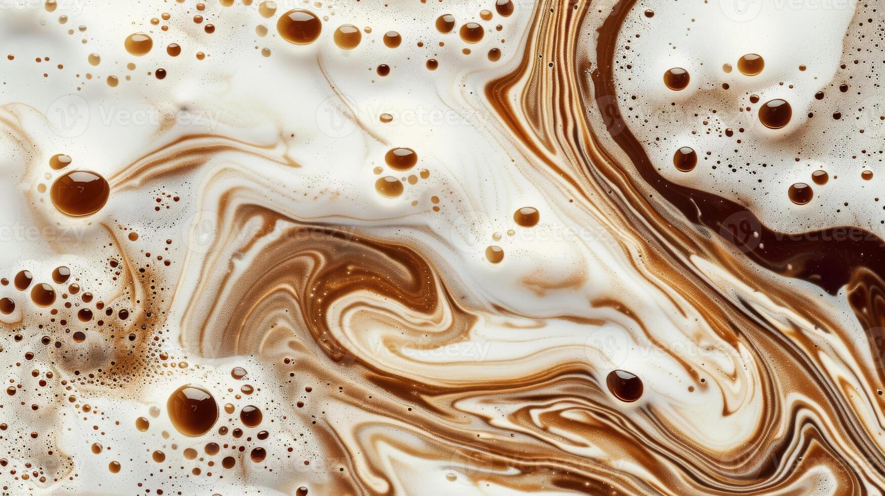 Close up abstract brown caramel shapes latte art in coffee. Liquid texture coffee background macro. Cappuccino and milk foam close up view. High quality photo