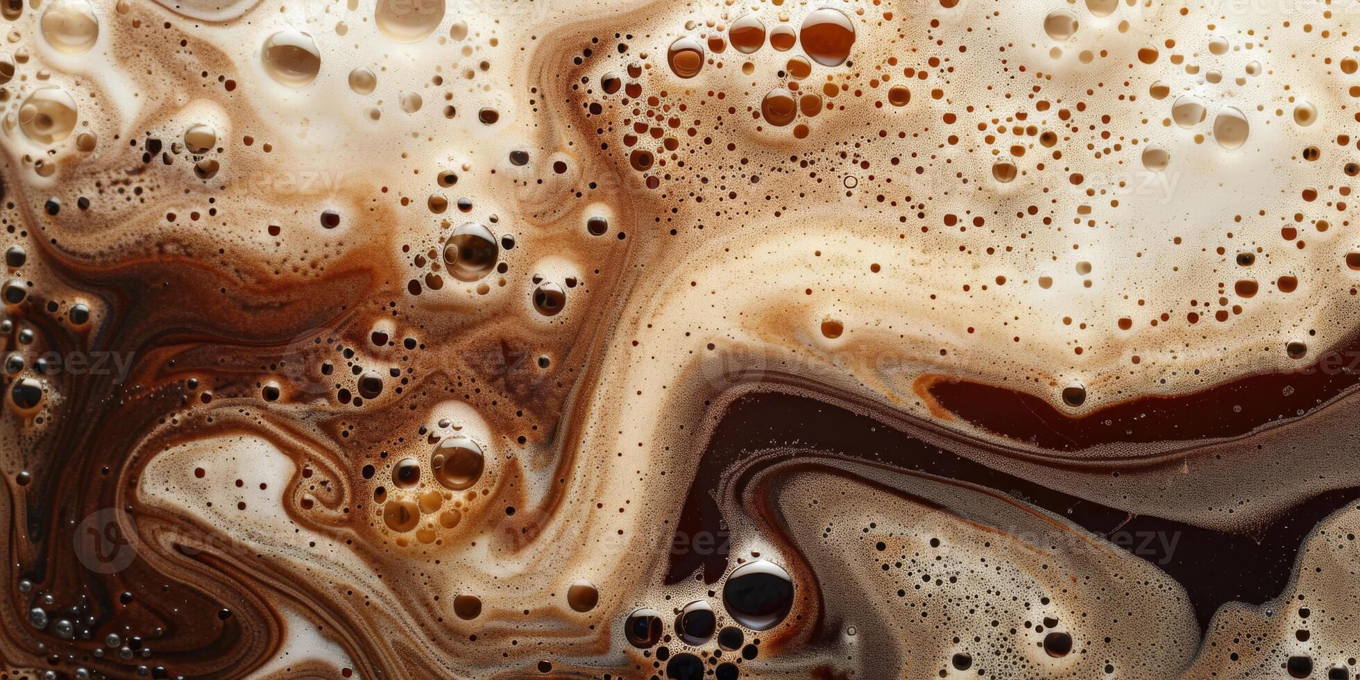 Close up abstract brown caramel shapes latte art in coffee. Liquid texture coffee background macro. Cappuccino and milk foam close up view. High quality photo