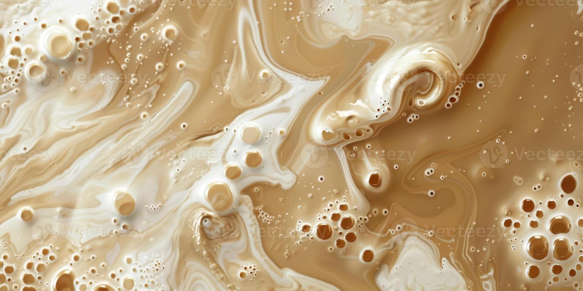 Close up abstract brown caramel shapes latte art in coffee. Liquid texture coffee background macro. Cappuccino and milk foam close up view. High quality photo